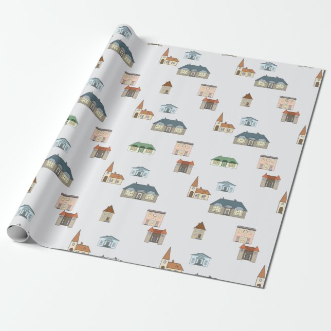 Die Stadt beherbergt einen weißen Hintergrund. Geschenkpapier (Ungerollt)