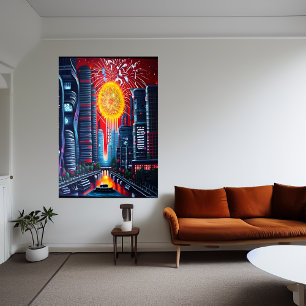 Die Stadt und das große Feuerwerk AI Art Poster