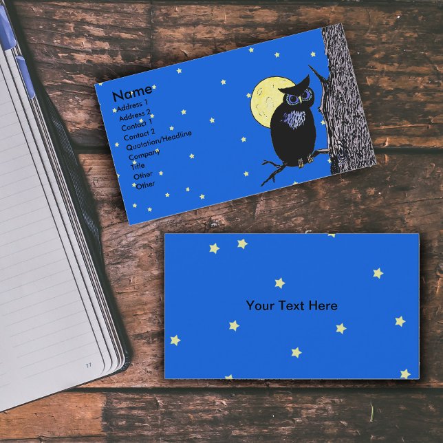 Die Sterne des Schwarzen Owl Tree Visitenkarte (Black owl in tree yellow full moon stars in blue night sky on business cards.)
