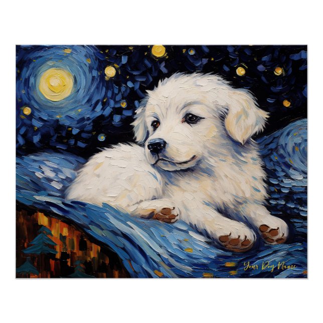 Die Sternennacht - Große Pyrenäen Welpen Hund 001  Poster (Vorderseite)