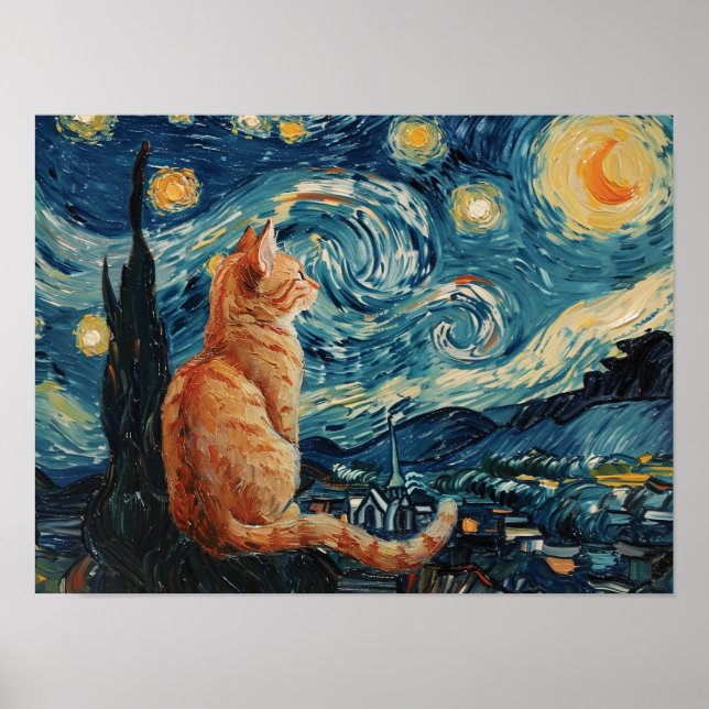 Die Sternennacht Vincent van Gogh mit Katze Poster (Vorne)