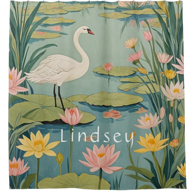 Die Stille: Lily Pond Swan Duschvorhang (Vorderseite)