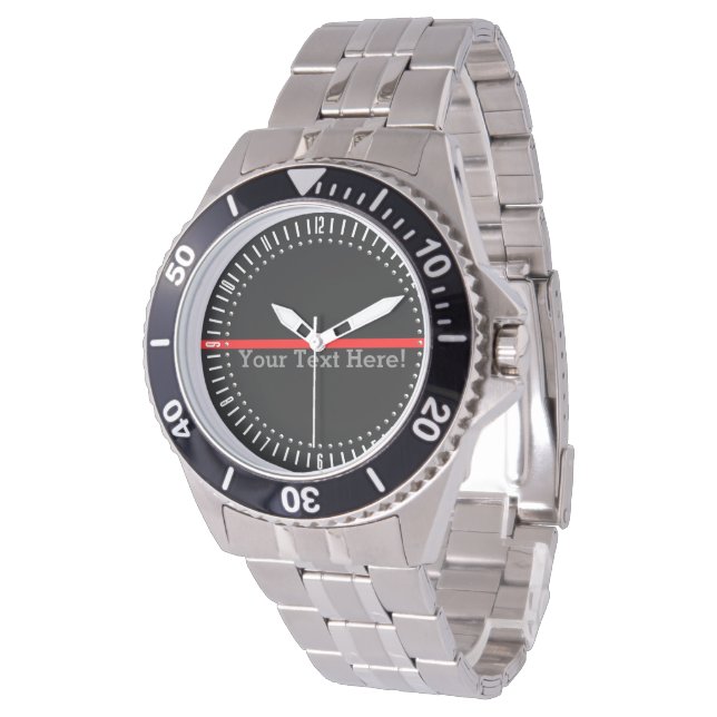 Die symbolische dünne rote Linie mit Ihrem Text üb Armbanduhr (Schrägansicht)