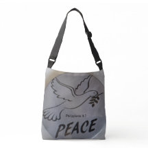Die Tasche zeigt eine Friedenstaube und eine Schri