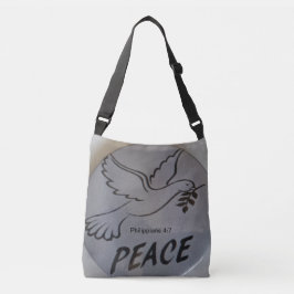 Die Tasche zeigt eine Friedenstaube und eine Schri