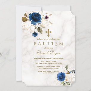 Die Taufe der Luxus Navy Blue Gold Blumenkreuz Einladung