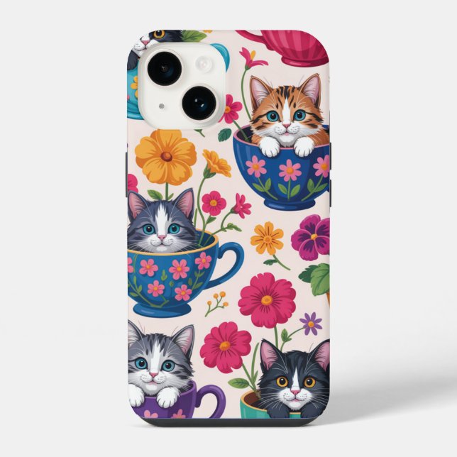 Die Teetassen-Kätzchen & Blüten iPhone 14 Hülle (Rückseite)