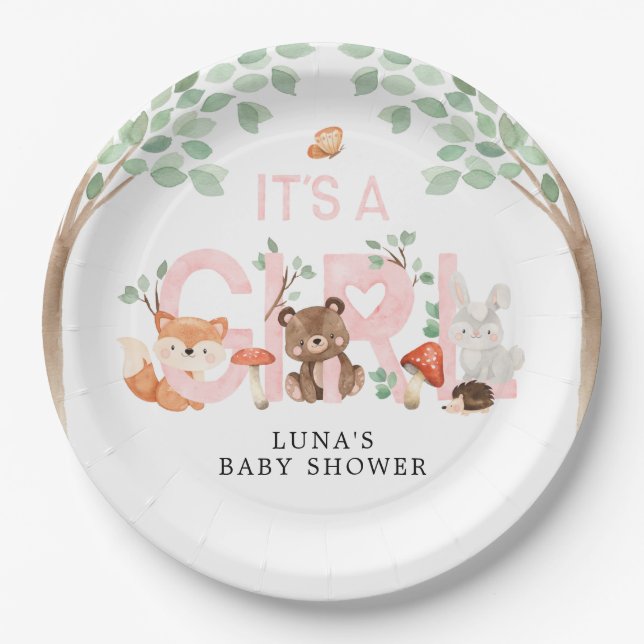 Die Teller des Girl Woodland Baby Duschpapiers (Vorderseite)