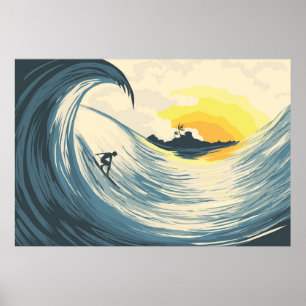 Die tropische Inselwelle und das Surfen bei Sonnen Poster