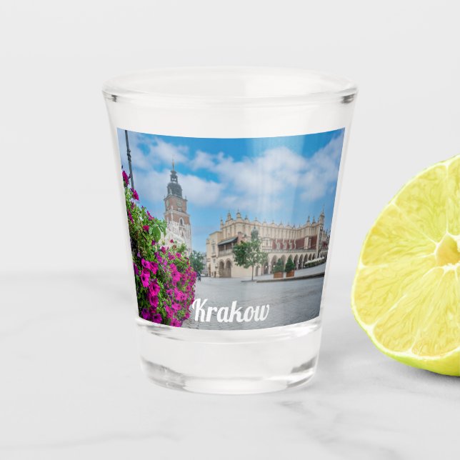 Die Tuchhalle am Hauptplatz von Krakau, Polen Schnapsglas (Vorderseite)