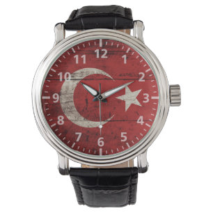 Die Türkei-Flagge auf altem hölzernem Korn Armbanduhr