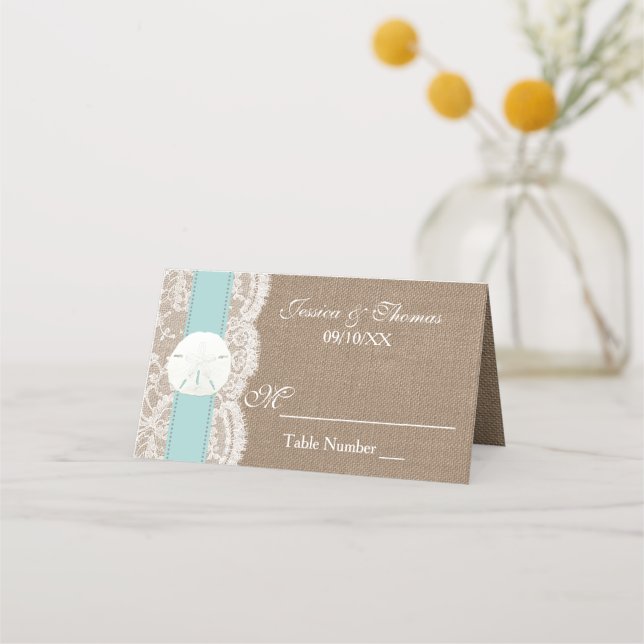 Die türkisfarbene Sand Dollar Beach Hochzeitskolle Platzkarte (Vorderseite)
