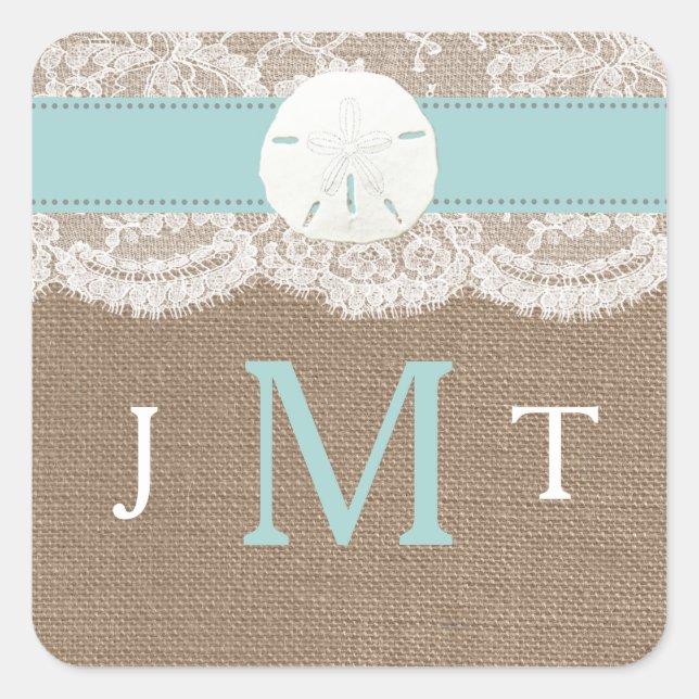 Die türkisfarbene Sand Dollar Beach Hochzeitskolle Quadratischer Aufkleber (Vorderseite)