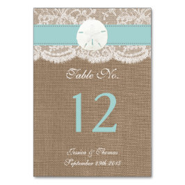 Die türkisfarbene Sand Dollar Beach Hochzeitskolle Tischnummer