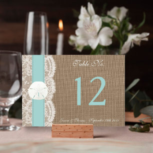 Die türkisfarbene Sand Dollar Beach Hochzeitskolle Tischnummer