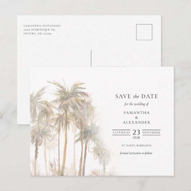 Die Typografie moderner Tropen-Bäume Save the Date Ankündigungspostkarte (Vorne/Hinten)