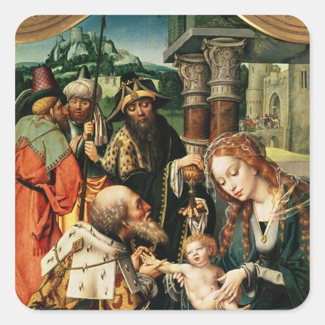 Die Verehrung der Magi 2 Quadratischer Aufkleber (Vorderseite)