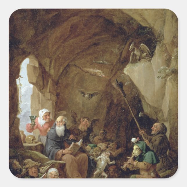 Die Versuchung des Hl. Anthony in einer Felshöhle Quadratischer Aufkleber (Vorderseite)