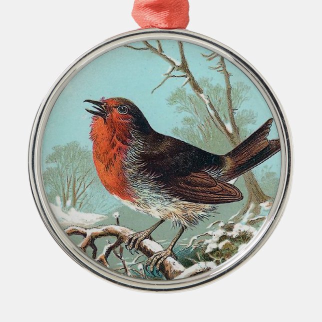 Die Vintage Vogel-Illustration Robins Silbernes Ornament (Vorne)