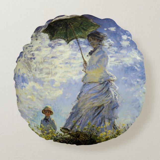 Die Wanderung, Lady mit Sonnenschirm Rundes Kissen (Vorderseite)