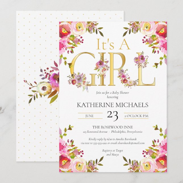 Die Wasserfarbe eines Mädchens bläst eine Blütendu Einladung (Vorne/Hinten)