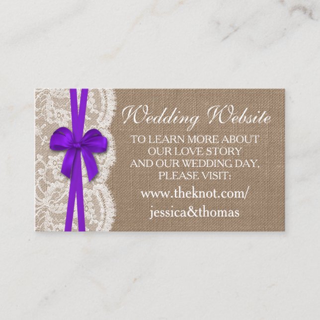 Die Website der rustikalen Lila Bow Wedding Collec Begleitkarte (Vorderseite)