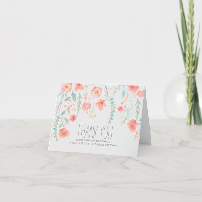 Die Wedding Watercolor-Blumen danken Ihnen Dankeskarte (Vorderseite)