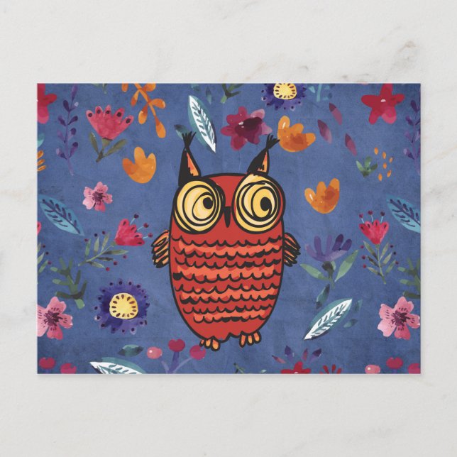 Die weise Vogeleule im Blumengarten Postkarte (Vorderseite)