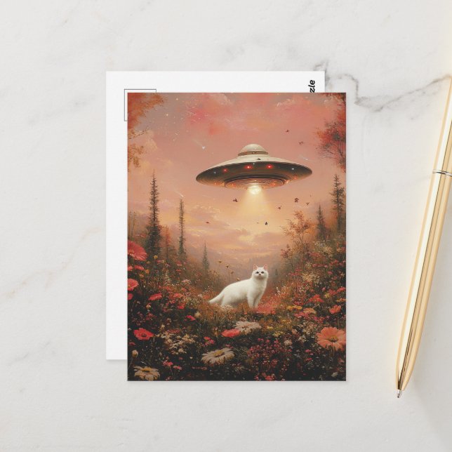 Die weiße Katze und das UFO Postkarte (Vorderseite/Rückseite Beispiel)