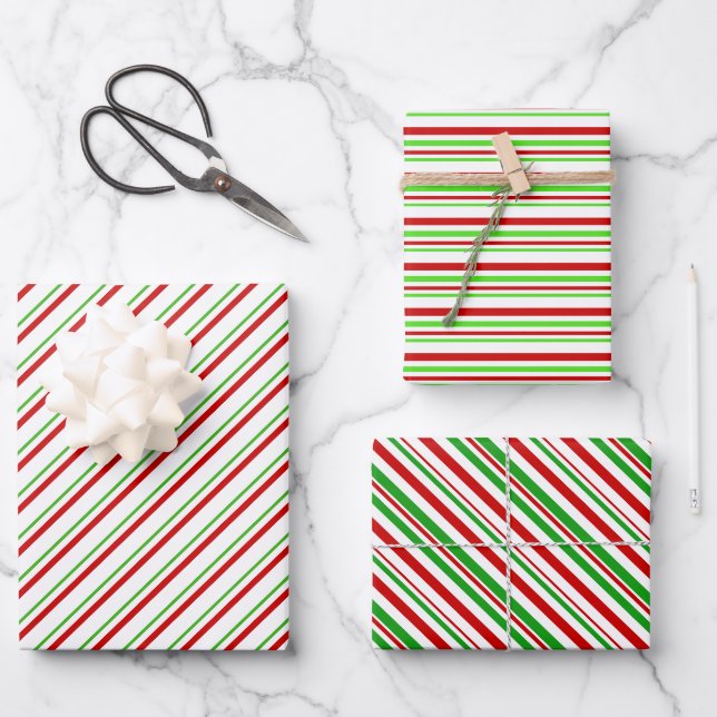 Die weiße, weiße, rot-farbene WeihnachtsStreifen Geschenkpapier Set (Vorderseite)