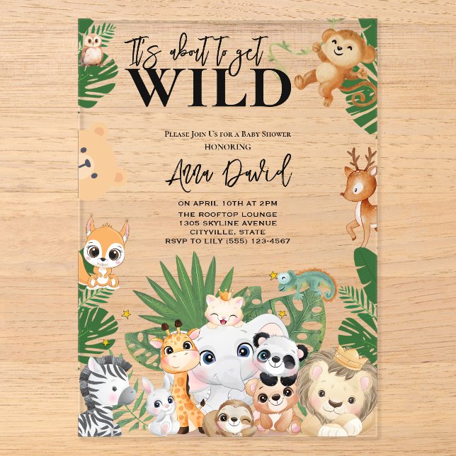 Die "Wild Safari Jungle Baby Dusche" Acryleinladungen (Vorderseite)