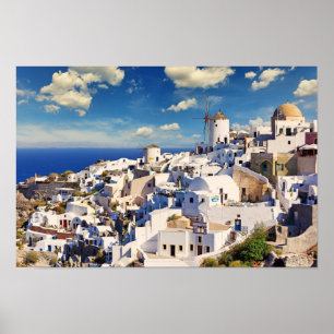 Die Windmühlen in Oia von Santorini, Griechenland Poster