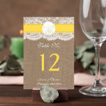 Die Yellow Sand Dollar Beach Hochzeitskollektion Tischnummer<br><div class="desc">Die Hochzeitskollektion mit gelbem Sand ist ein atemberaubendes Design mit einem hübschen rustikalen Burlap-Effekt-Hintergrund und einem romantischen Vintagen Spitzeneffekt, der mit einem atemberaubenden Sand-Dollar und einem gelben Band vollendet wird. Diese Tischnummern können für Ihren besondere Anlass personalisiert sein und würden das perfekte Tischzentrums für Ihre Hochzeit, Ihr Brautparty, Ihre Verlobungsfeier,...</div>