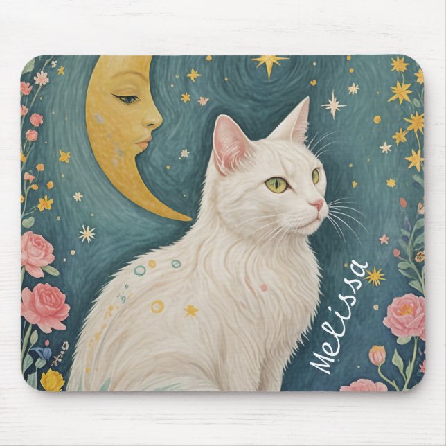 Die zauberhafte weiße Katze mit grünen Augen Mousepad (Vorne)