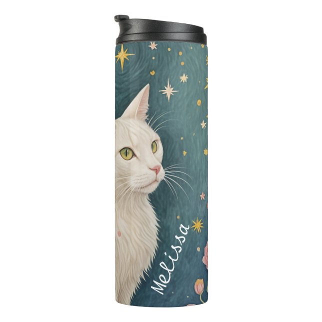 Die zauberhafte weiße Katze mit grünen Augen Thermosbecher (Nach rechts gedreht)
