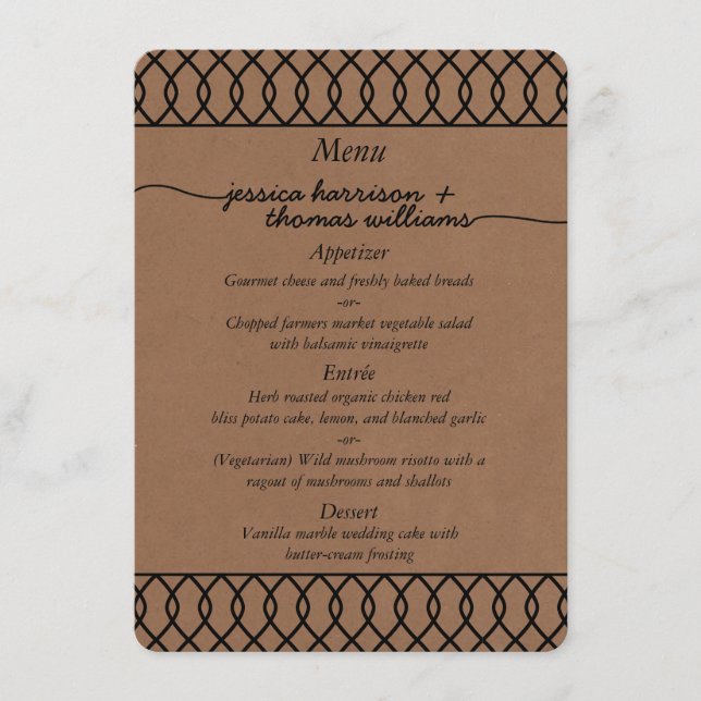 Die zeitgemäße Hochzeitssammlung mit Whimsikalköfe Menükarte (Vorderseite)