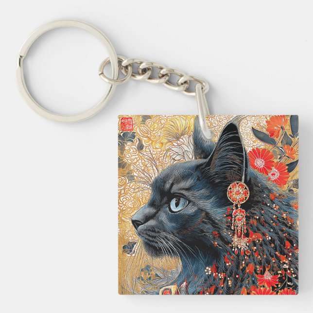 Die Zen-Katze | Vintag Japanisch Ukiyo-e Schlüsselanhänger (Vorderseite)