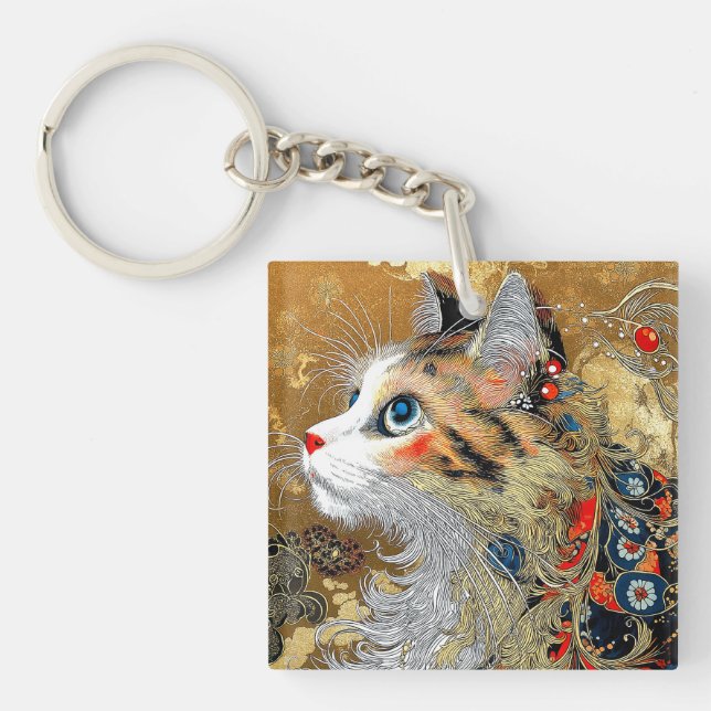 Die Zen-Katze | Vintag Japanisch Ukiyo-e Schlüsselanhänger (Vorderseite)