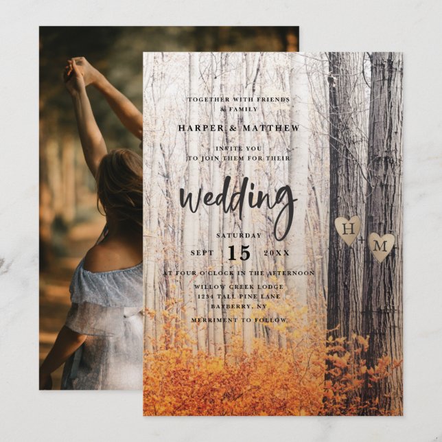 Die zwei Liebhaber der Waldhochzeit der Bäume fall Einladung (Vorne/Hinten)