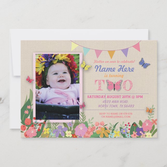 Die zweite 2. Butterfly der Mädchen zum Geburtstag Einladung (Vorderseite)