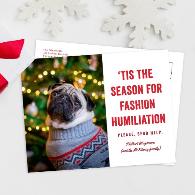 Dies ist die Jahreszeit für Mode-Demütigung Weihna Postkarte (funny Christmas holiday photo card postcard for ugly sweater and weird hat pictures)