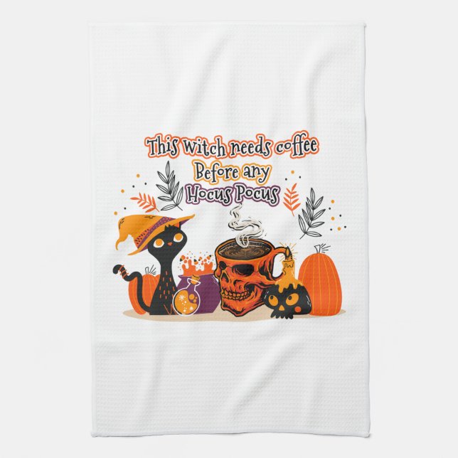 Diese Hexe braucht Kaffee vor einem Hokus Geschirrtuch (Vertikal)