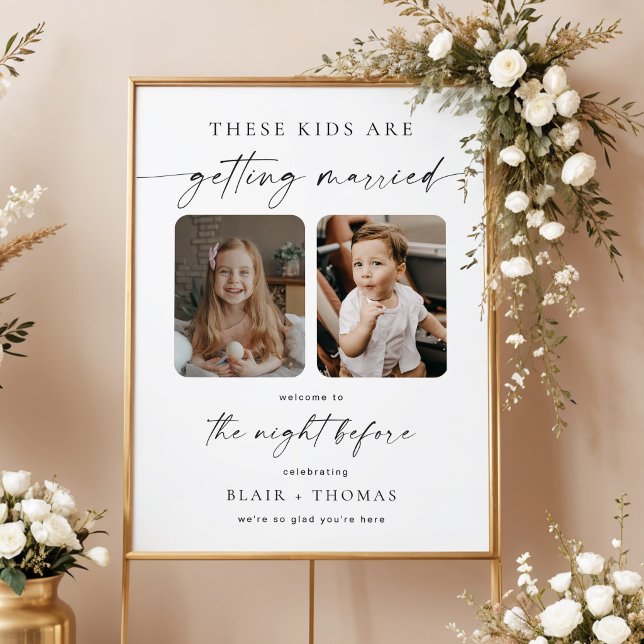 Diese Kinder heiraten Probeessen Poster (These Kids Are Getting Married 2 Photo Night Before Wedding Rehearsal Welcome Sign)
