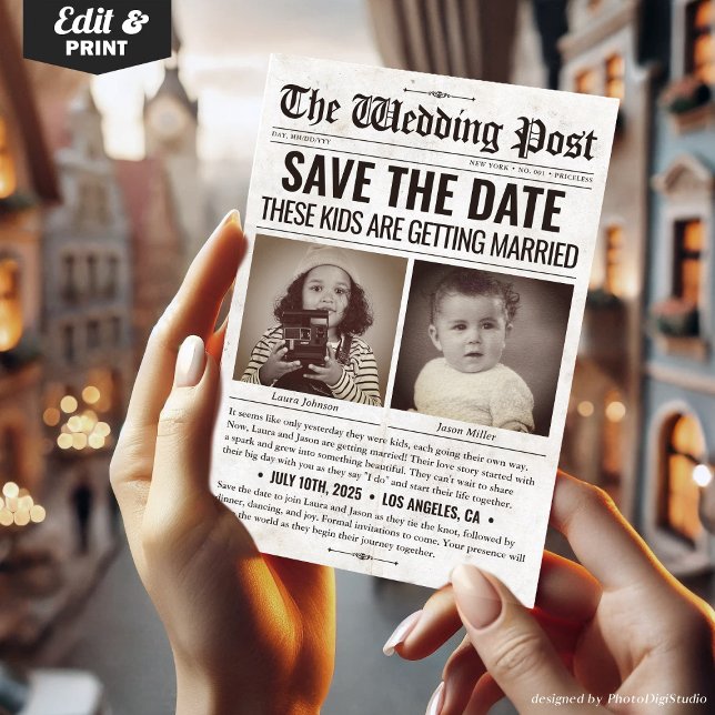 Diese Kinder werden heiraten Hochzeitszeitung Feiertagskarte (These Kids Are Getting Married Wedding Newspaper Holiday Card)