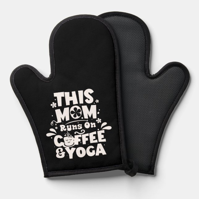Diese Mama läuft auf Kaffee und Yoga Funny Schwarz Ofenhandschuh (Vorderseite/Rückseite)