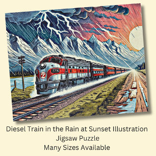 Dieselzug im Regen bei Sonnenuntergang