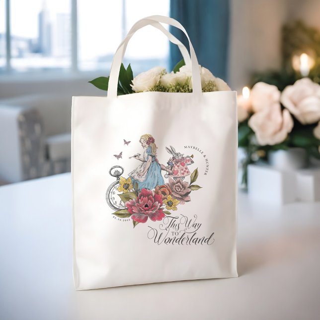 Dieser Weg zu Wonderland Vintage Märchenhochzeit Tragetasche (This Way to Wonderland Vintage Fairytale Wedding Tote Bag)