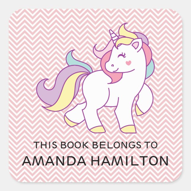 DIESES BUCH GEHÖRT ZU PINK NIEDLICH UNICORN QUADRATISCHER AUFKLEBER (Vorderseite)