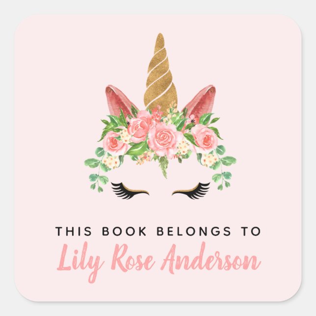 Dieses Buch gehört zu rosa Einhorn-Buchzeichen Quadratischer Aufkleber (Vorderseite)