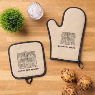 Dieses Haus mit Text- und Bilddaten-Vorlagen segne Ofenhandschuh & Topflappen-Set